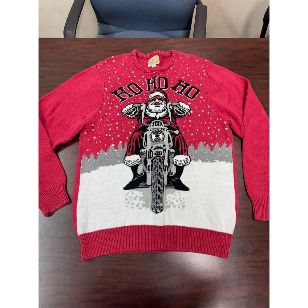 Roebuck & Co Mens Motorcycle Santa Red Christmas Sweater Size Large